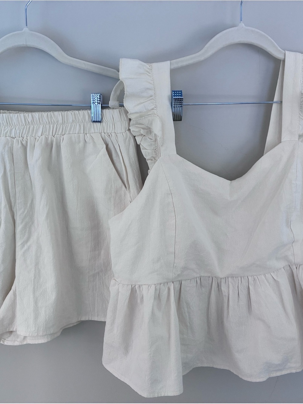 Women's Cream Ruffle Strap Peplum Cami Top and Shorts Set